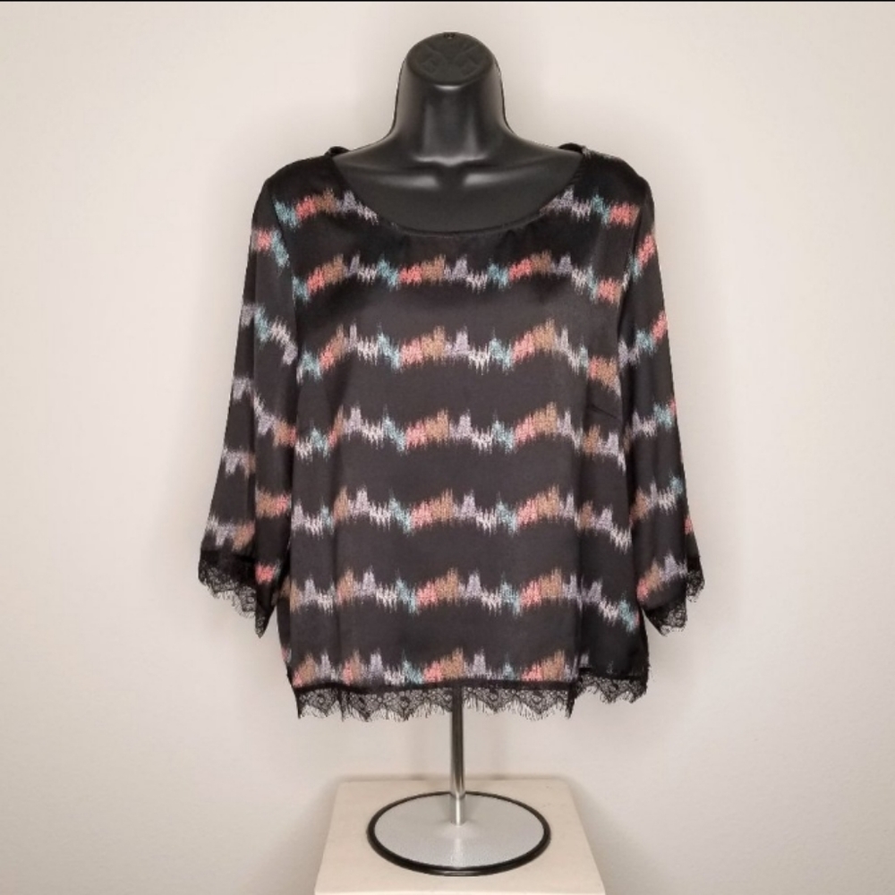 LUSH Women Crop Bouse Size S Black Multicolored Stripes  Lace trim hem